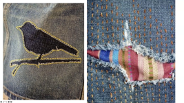 examples of visible mending: a hole in jeans has been further cut to look like a bird sitting on a branch, darker denim patch behind, outline stitching on the bird; another jeans patch with colorful stripey fabric behind and a simple vertical stitch above and below the hole